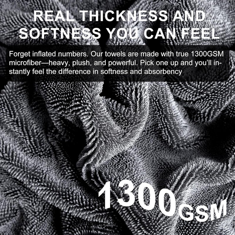 Singrune 2 Pack XL Car Drying Towel – 1300GSM Ultra Absorbent Microfiber, 24"x36" Large Size, Twisted Loop, Lint-Free & Streak-Free for Auto Detailing, Car, SUV, Truck (Gray-Gray) - Image 4